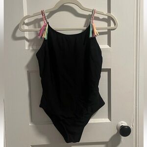 Kids Black One Piece Swimsuit with Colorful Straps Size 16